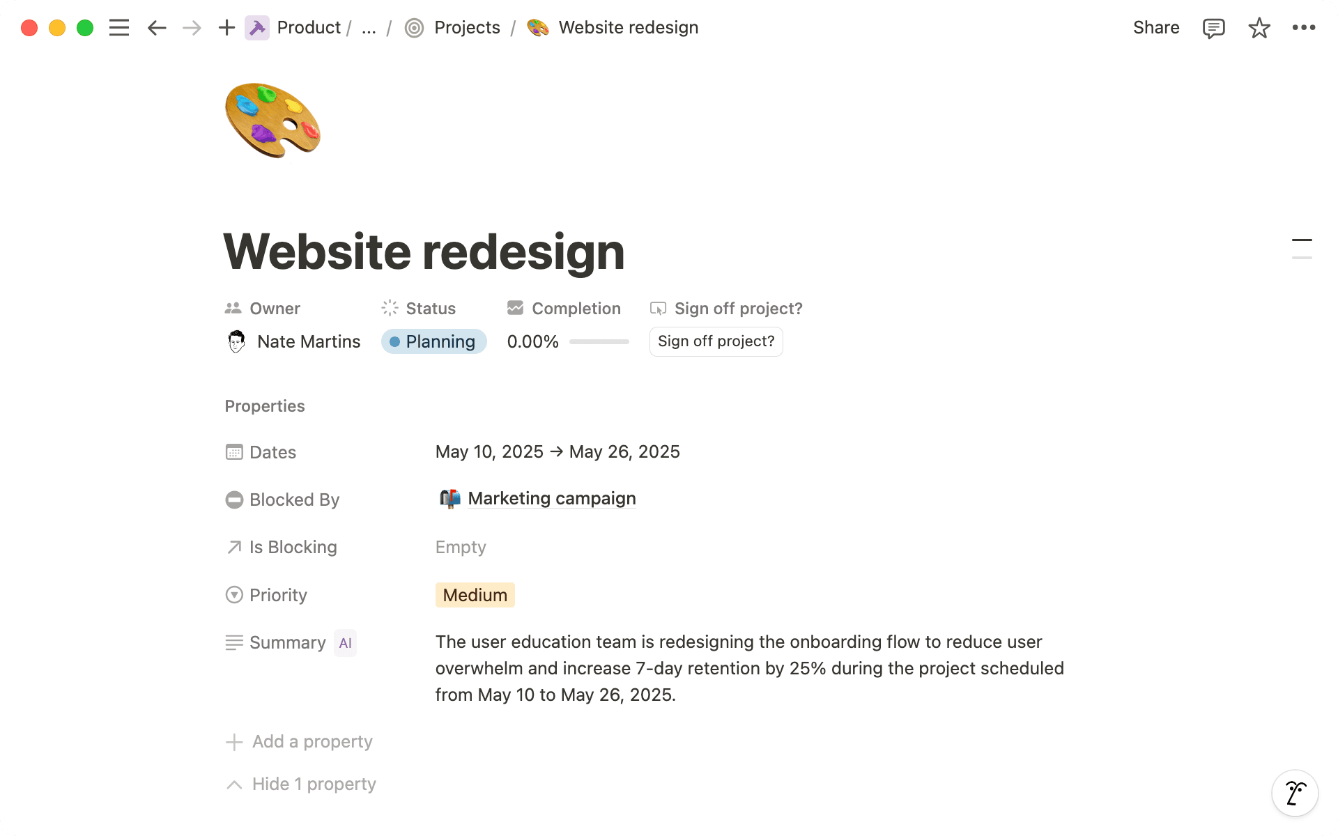Use the AI Summary property to get an overview of what’s going on with your projects.